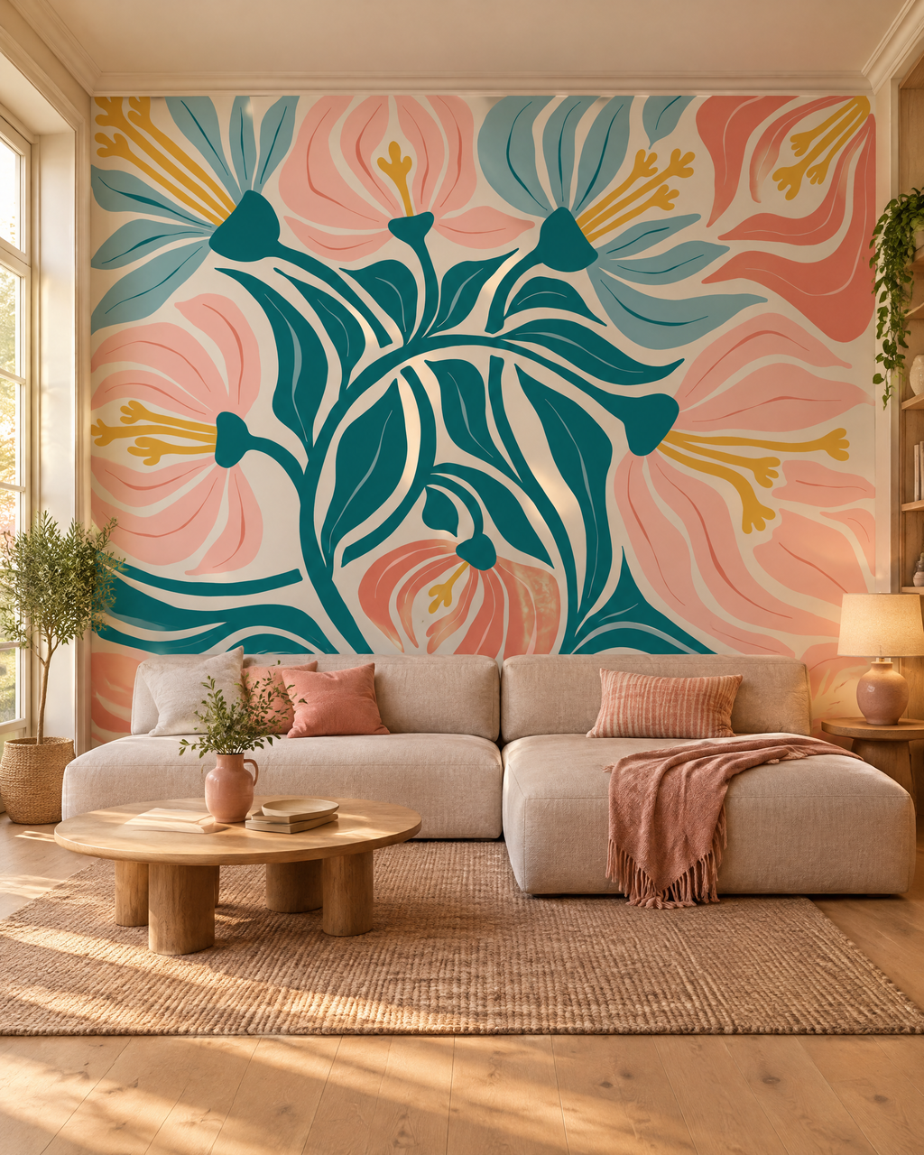 Fleurs géantes, papier peint panoramique dans un salon : visuel d'ambiance illustratif
