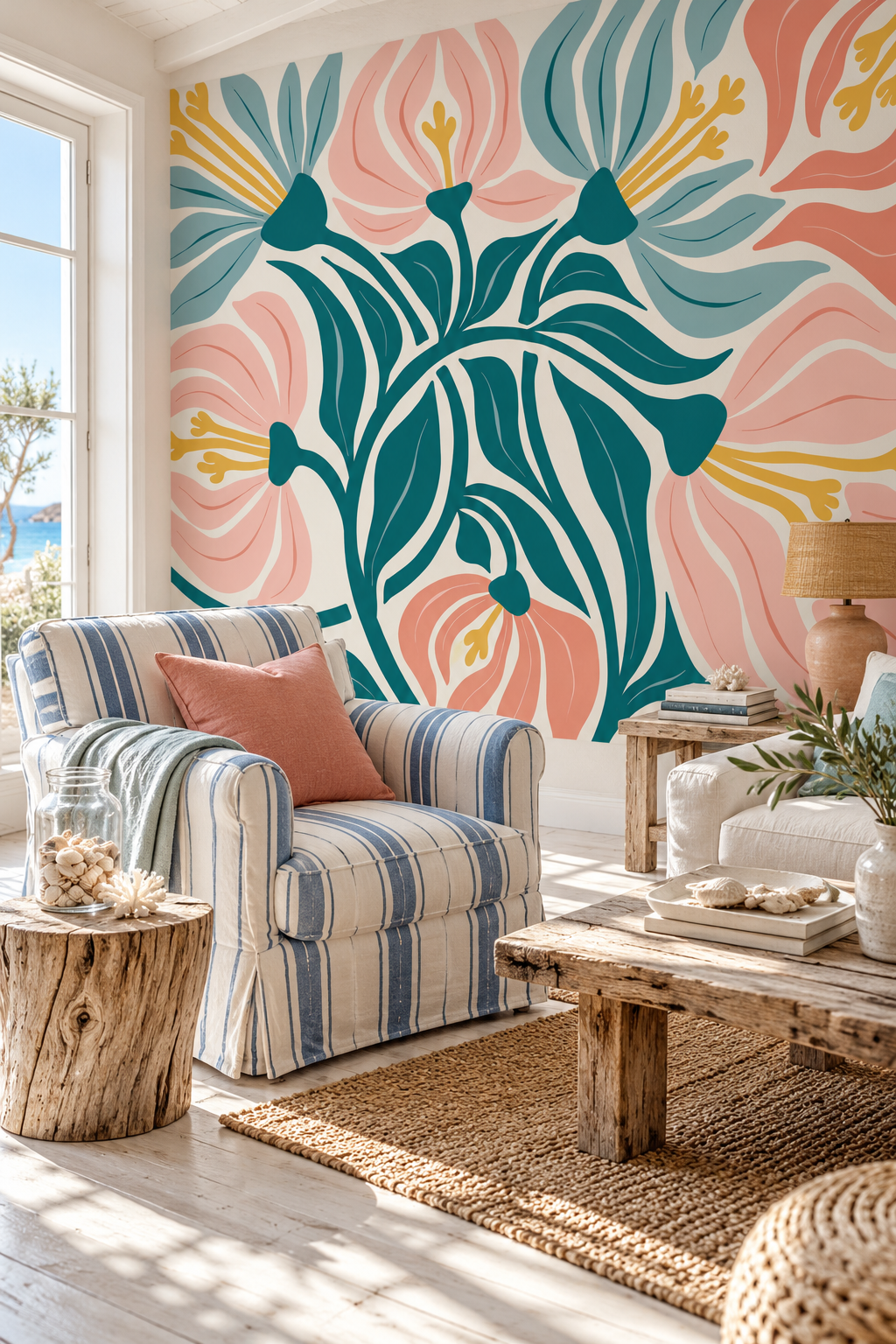 Fleurs géantes, papier peint panoramique dans un salon : visuel d'ambiance illustratif