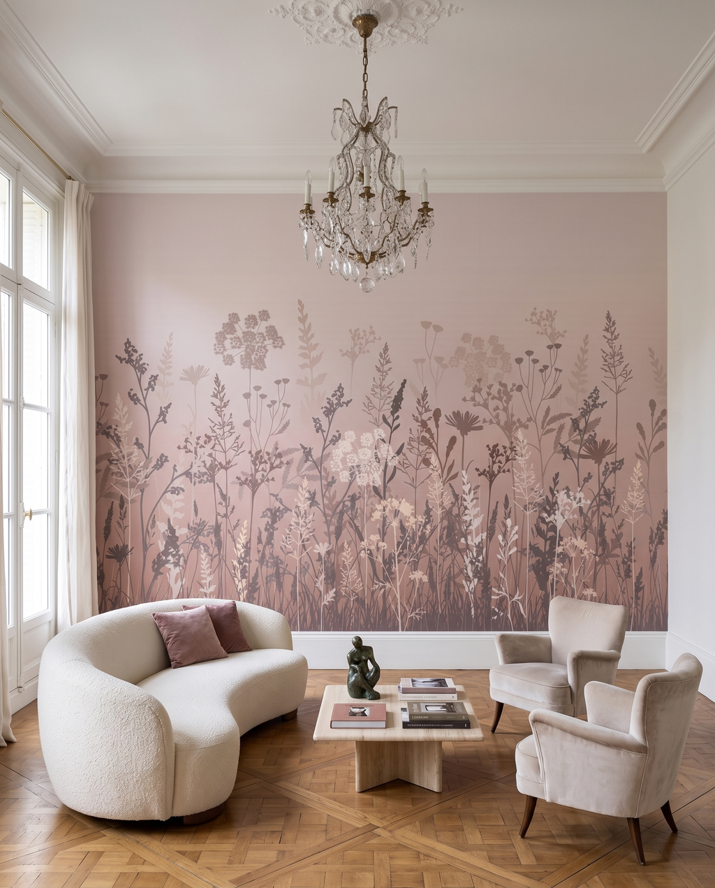 Prairie nacrée, papier peint panoramique dans un salon : visuel d'ambiance illustratif