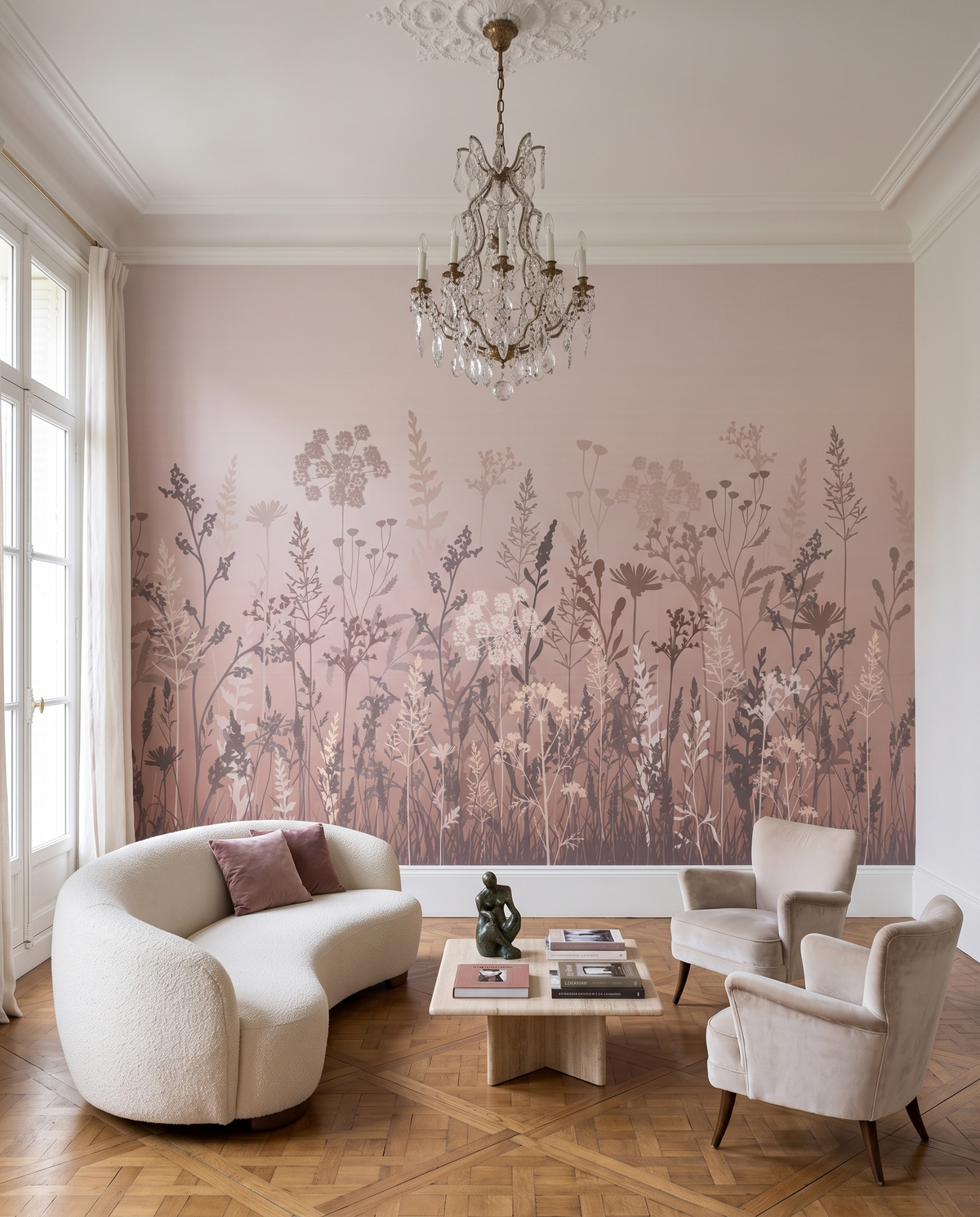 Prairie nacrée, papier peint panoramique dans un salon : visuel d'ambiance illustratif