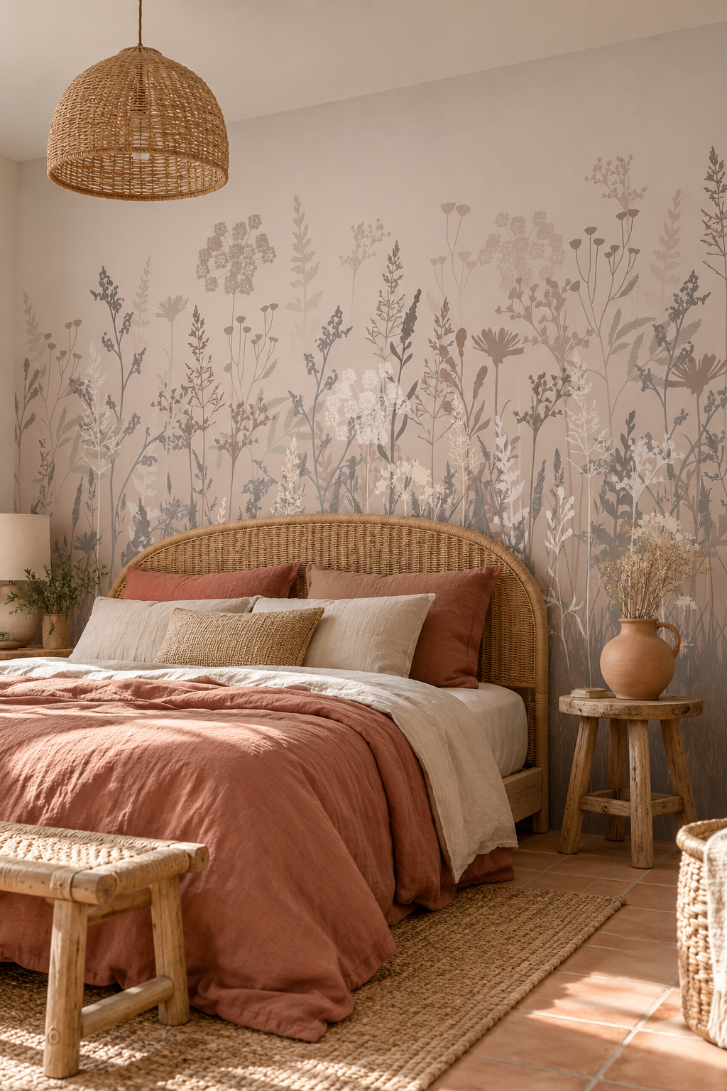 Prairie nacrée, papier peint panoramique dans une chambre : visuel d'ambiance illustratif