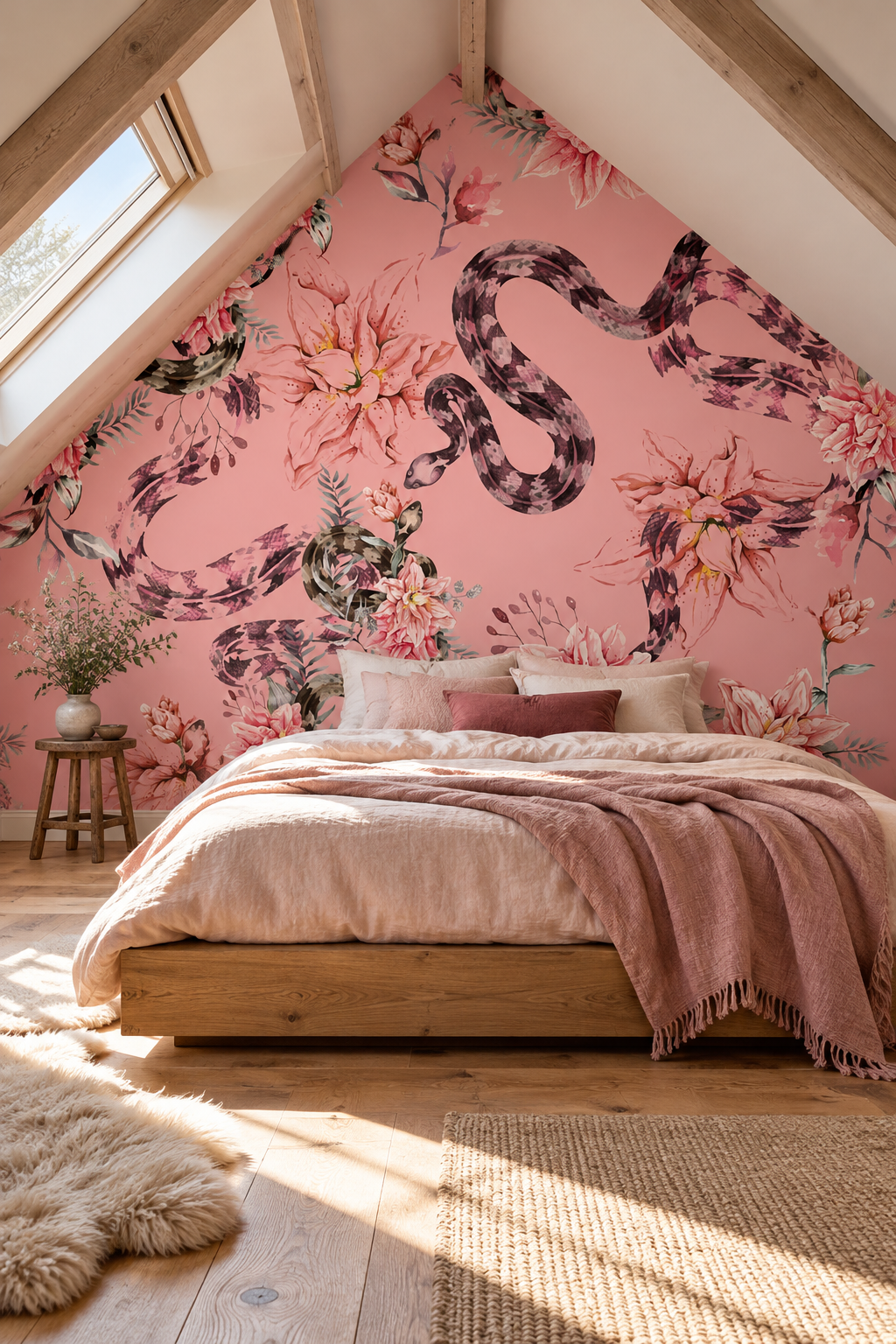 Serpents et corolles, papier peint panoramique dans une chambre : visuel d'ambiance illustratif