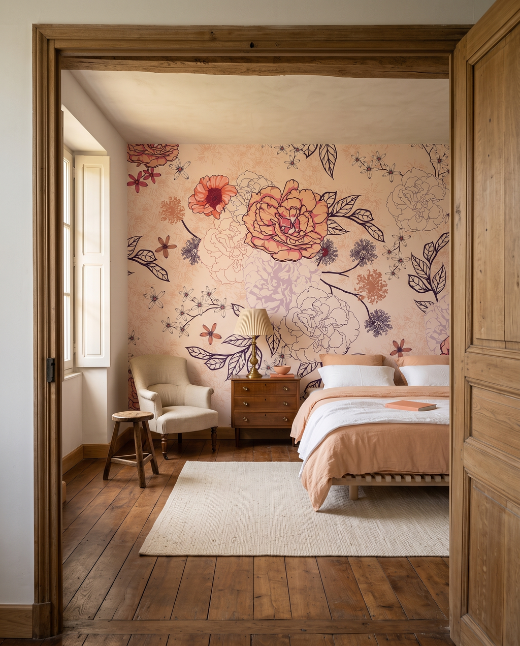 Fleurs sur pêche, papier peint panoramique dans une chambre : visuel d'ambiance illustratif