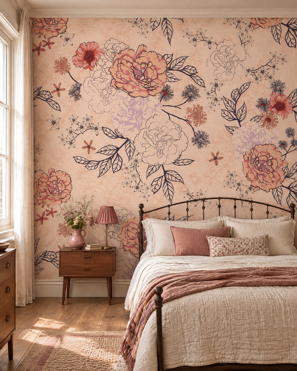 Fleurs sur pêche, papier peint panoramique dans une chambre : visuel d'ambiance illustratif
