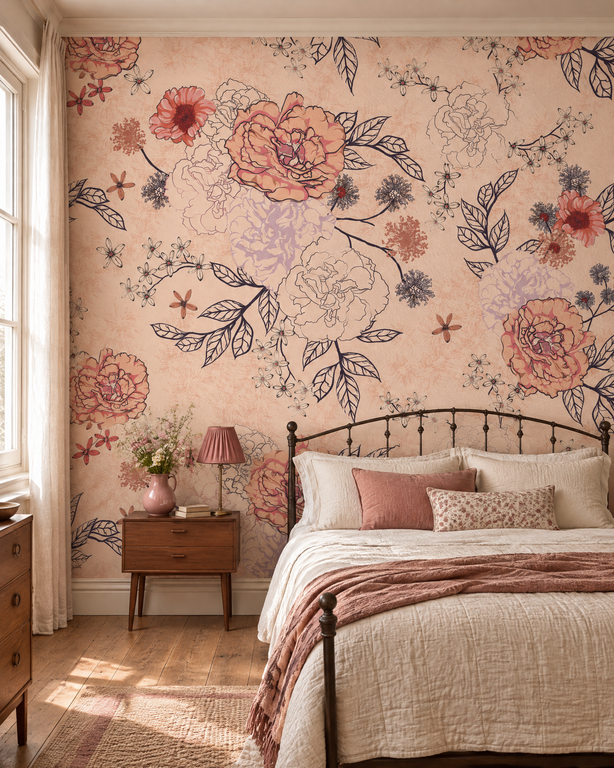 Fleurs sur pêche, papier peint panoramique dans une chambre : visuel d'ambiance illustratif