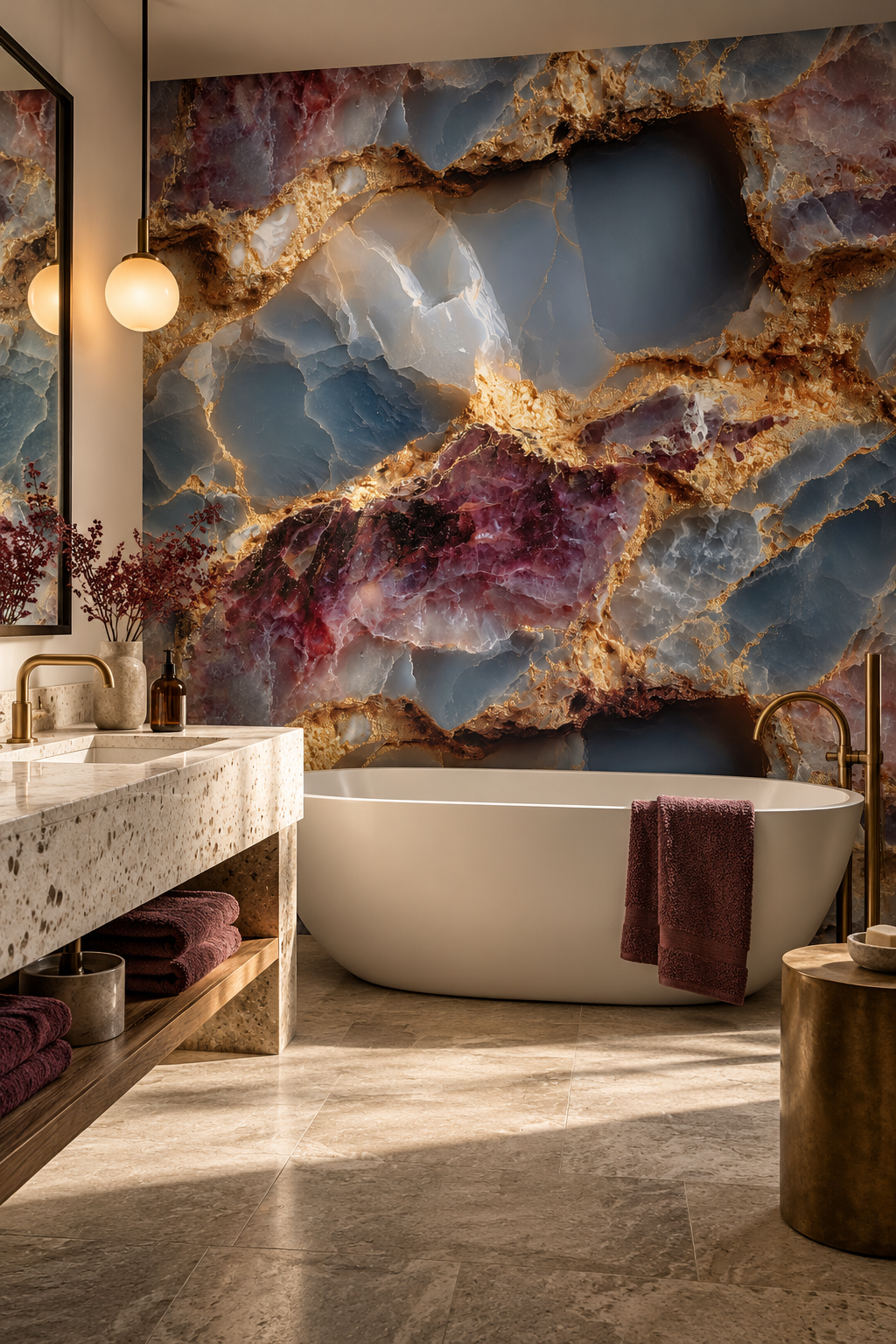Fleurs sur pêche, papier peint panoramique dans une chambre : visuel d'ambiance illustratif