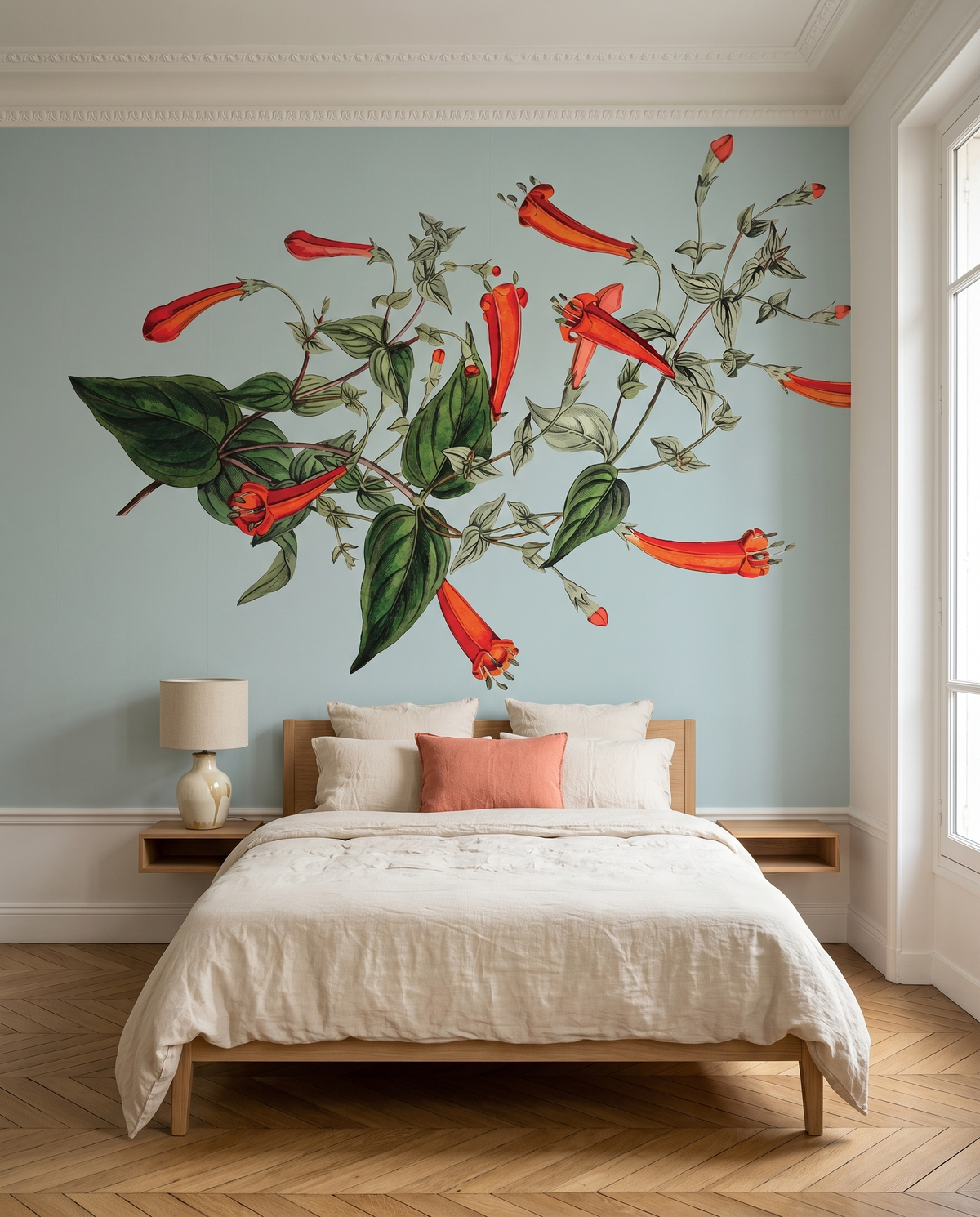 Fleurs sur vert poudré, papier peint panoramique dans une chambre : visuel d'ambiance illustratif