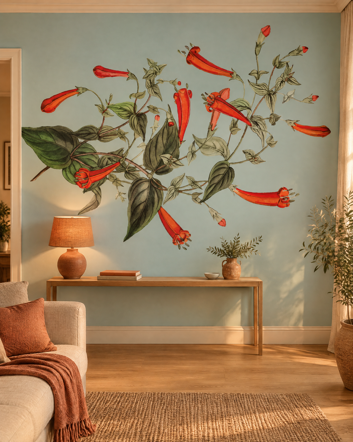 Fleurs sur vert poudré, papier peint panoramique dans un salon : visuel d'ambiance illustratif