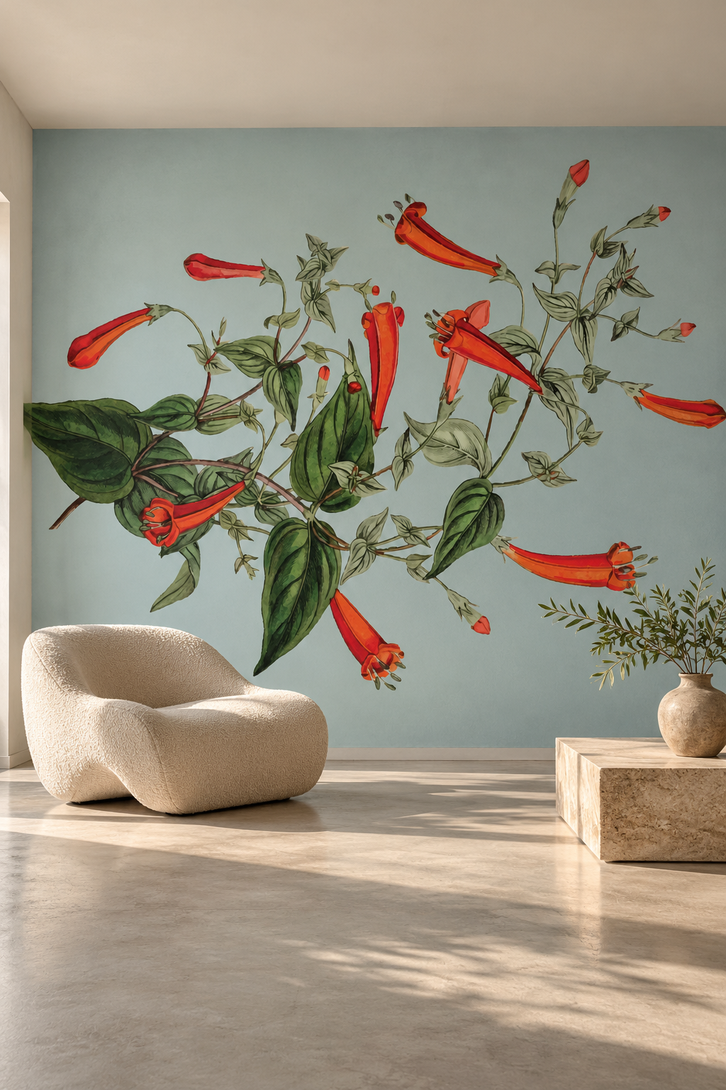 Fleurs sur vert poudré, papier peint panoramique dans un salon : visuel d'ambiance illustratif