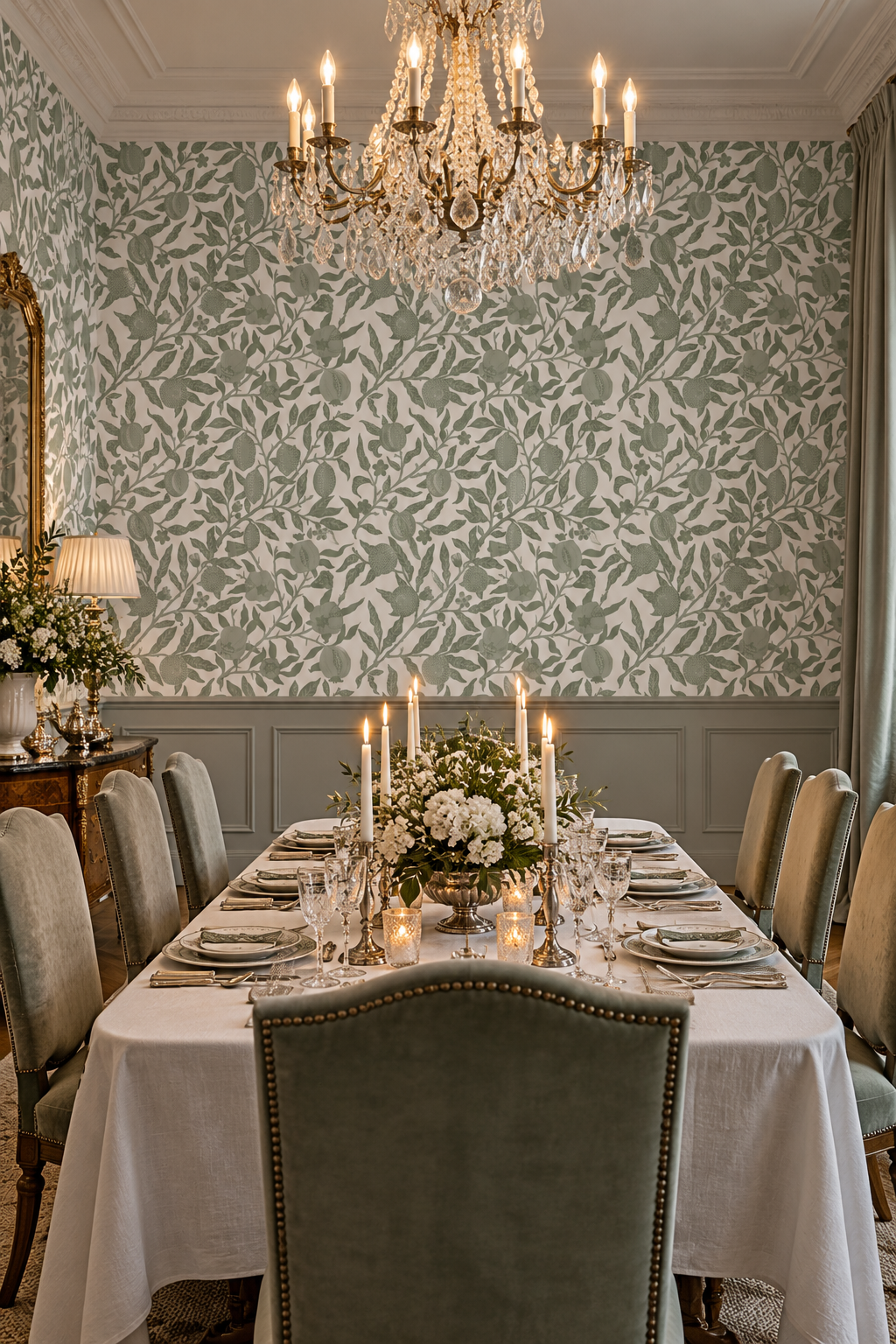 Fleurs sur vert sauge, papier peint panoramique dans une salle à manger : visuel d'ambiance illustratif