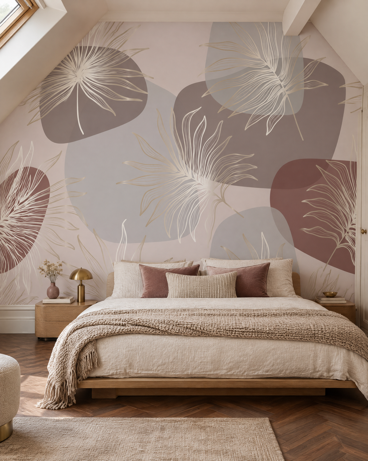 Floraison rosée, papier peint panoramique dans une chambre : visuel d'ambiance illustratif