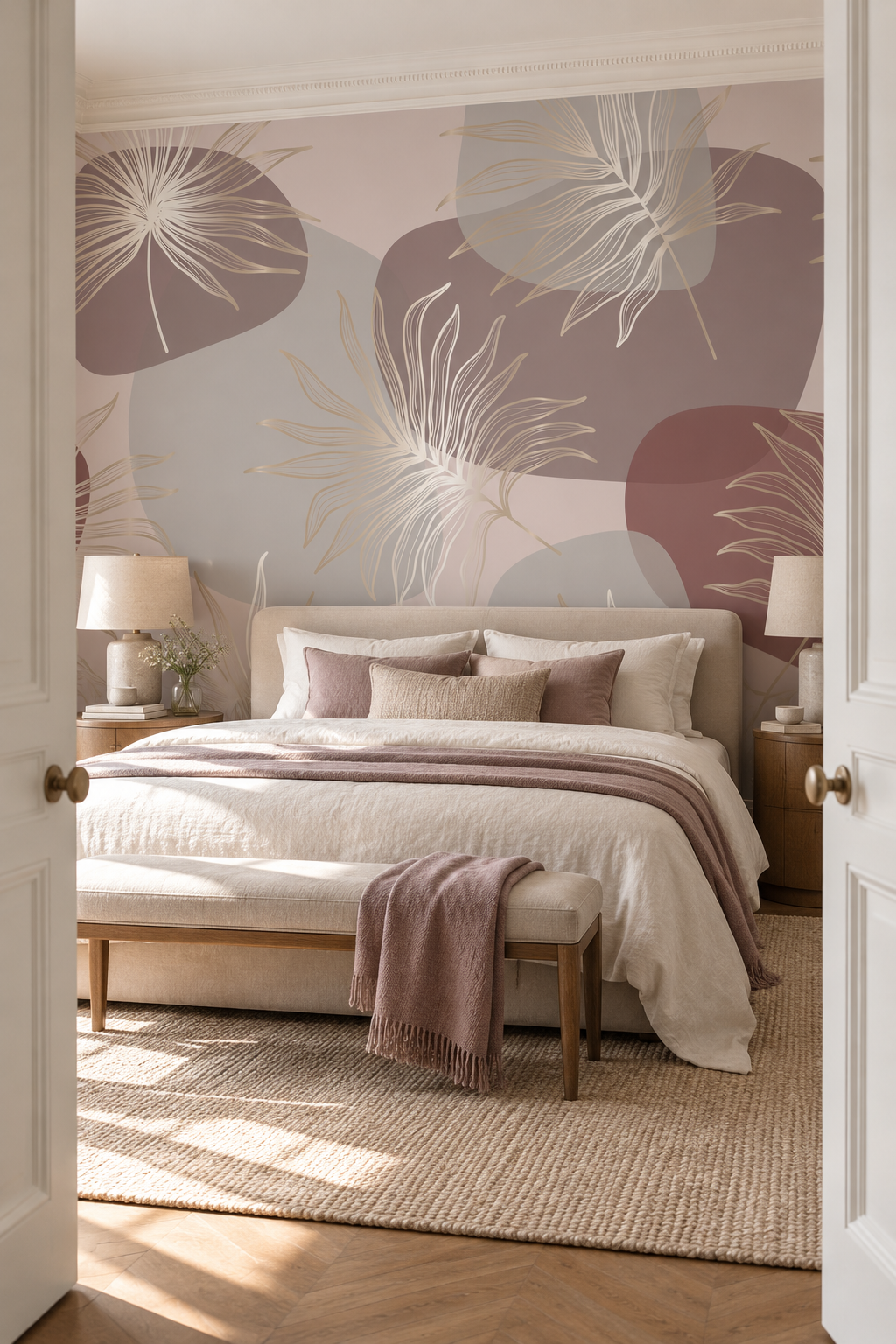 Floraison rosée, papier peint panoramique dans une chambre : visuel d'ambiance illustratif