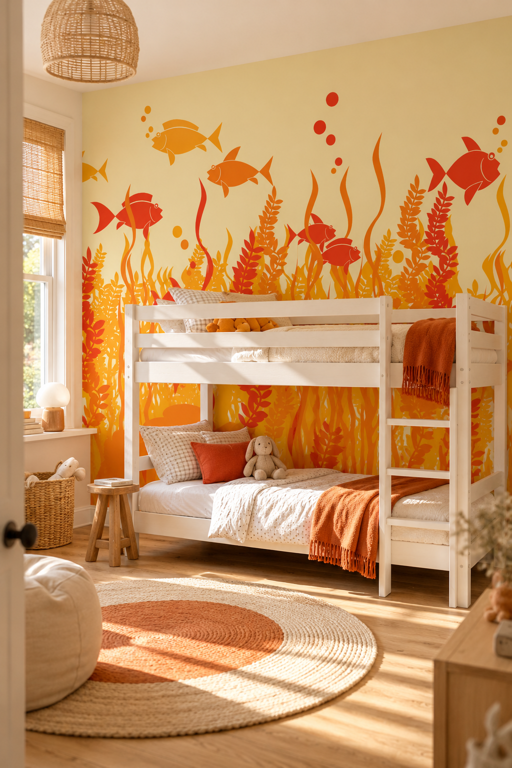Aquarium orange, papier peint panoramique dans une chambre d'enfant : visuel d'ambiance illustratif