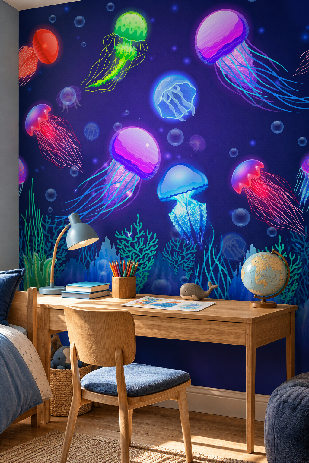 Ballet de méduses, papier peint panoramique dans une chambre d'enfant : visuel d'ambiance illustratif