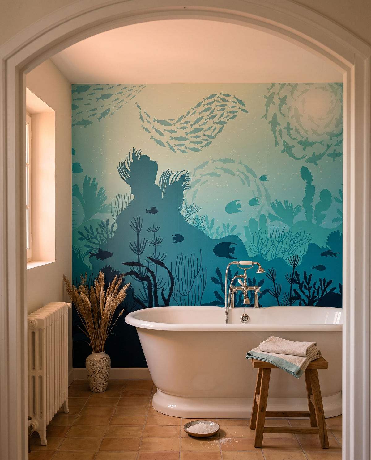 Calme sous les flots, papier peint panoramique dans une salle de bain : visuel d'ambiance illustratif