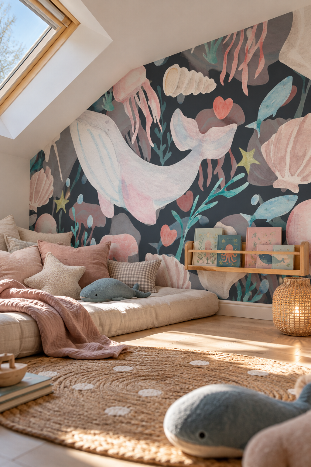 Habitants de l'océan, papier peint panoramique dans une chambre d'enfant : visuel d'ambiance illustratif