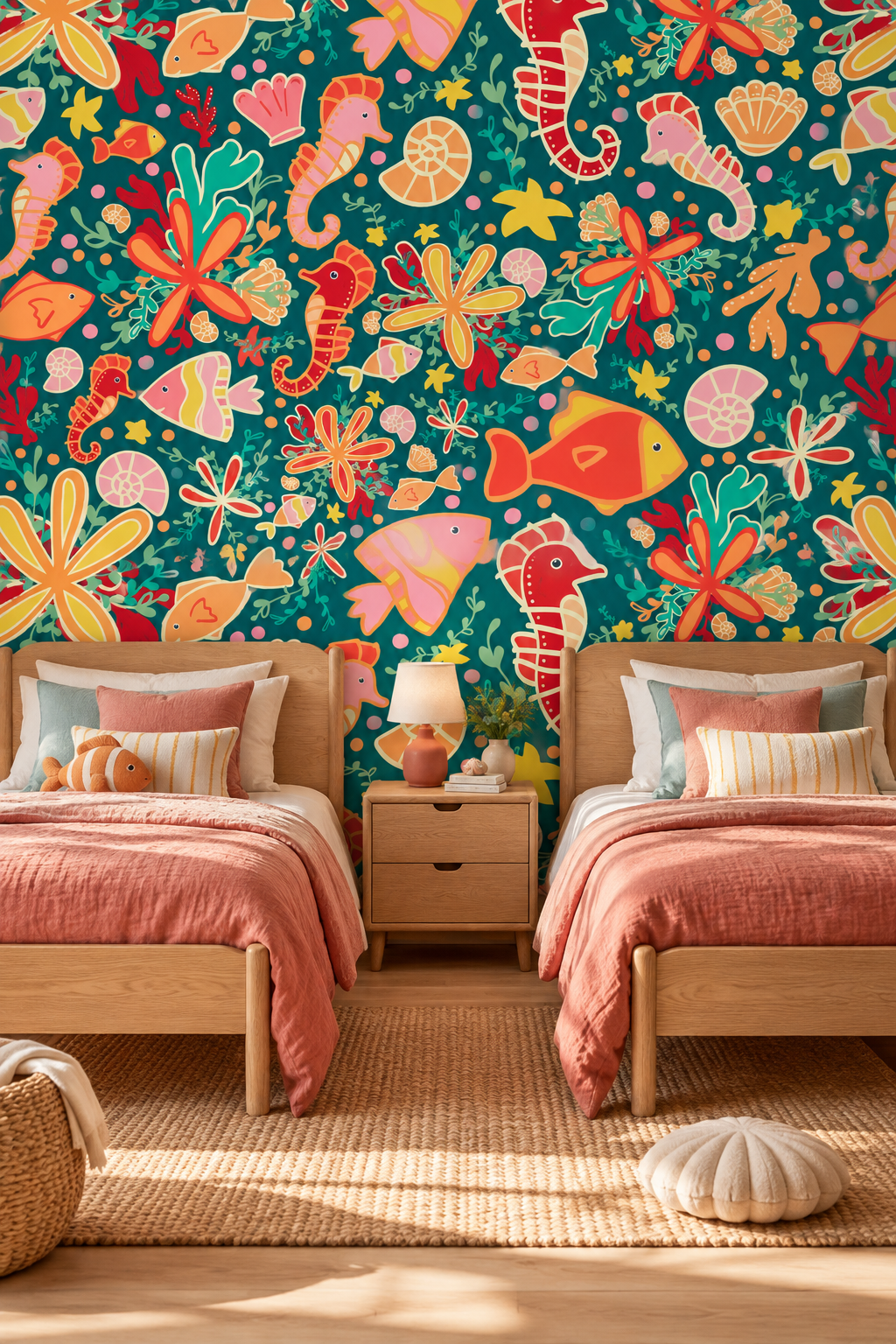 Océan en fête, papier peint panoramique dans une chambre d'enfant : visuel d'ambiance illustratif