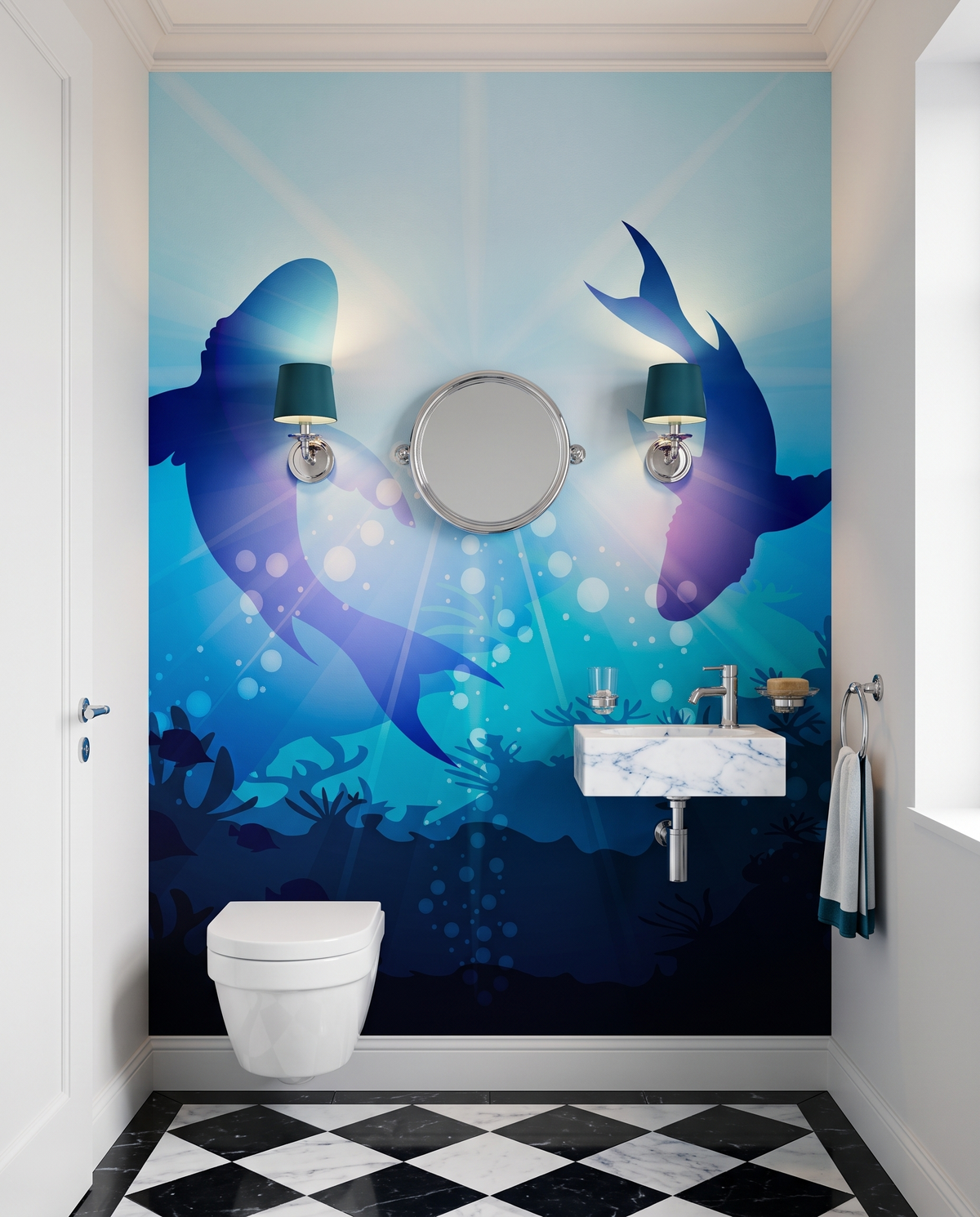 Requins en ballet, papier peint panoramique dans des toilettes : visuel d'ambiance illustratif