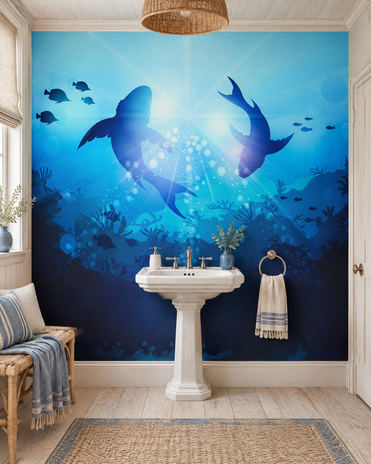 Requins en ballet, papier peint panoramique dans une salle de bain : visuel d'ambiance illustratif