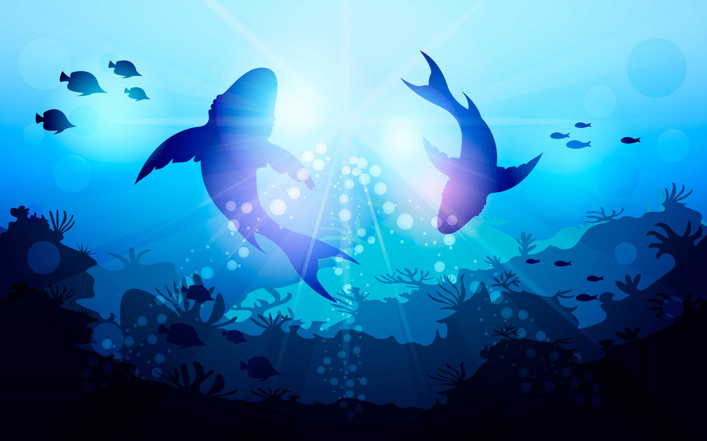 Papier peint panoramique Requins en ballet : le décor à plat