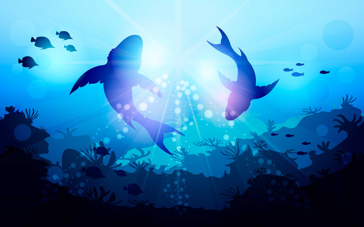 Papier peint panoramique Requins en ballet : le décor à plat