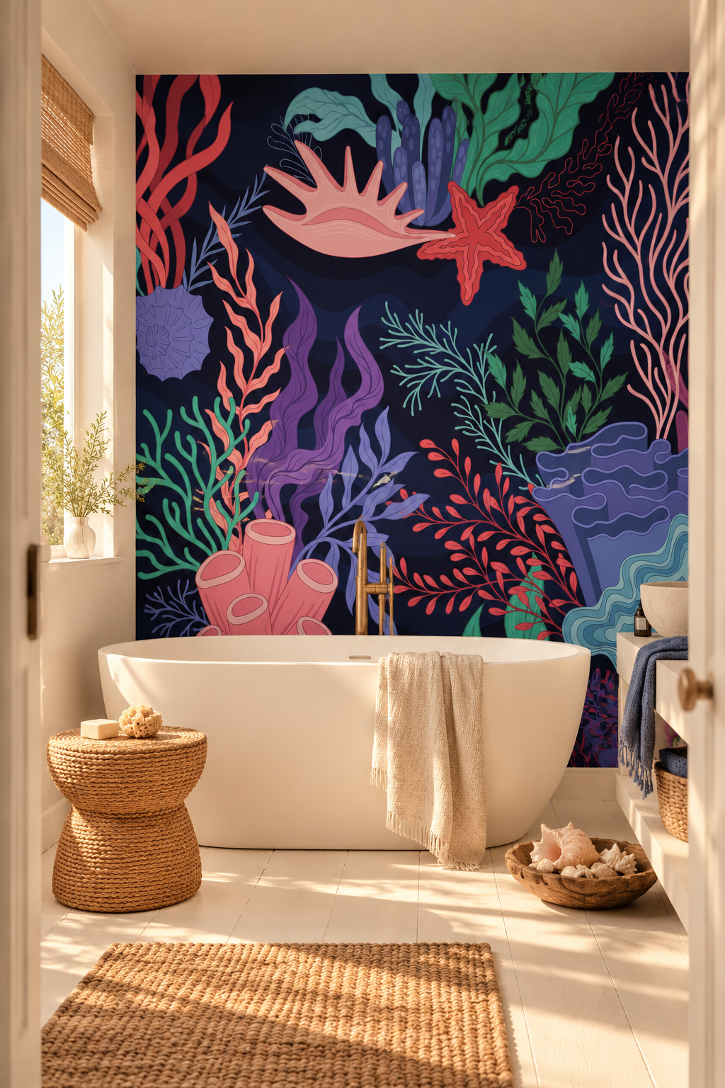 Fonds marins fleuris, papier peint panoramique dans une salle de bain : visuel d'ambiance illustratif