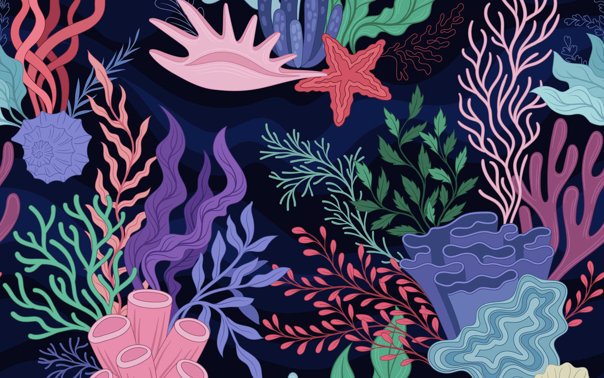 Papier peint panoramique Fonds marins fleuris : le décor à plat