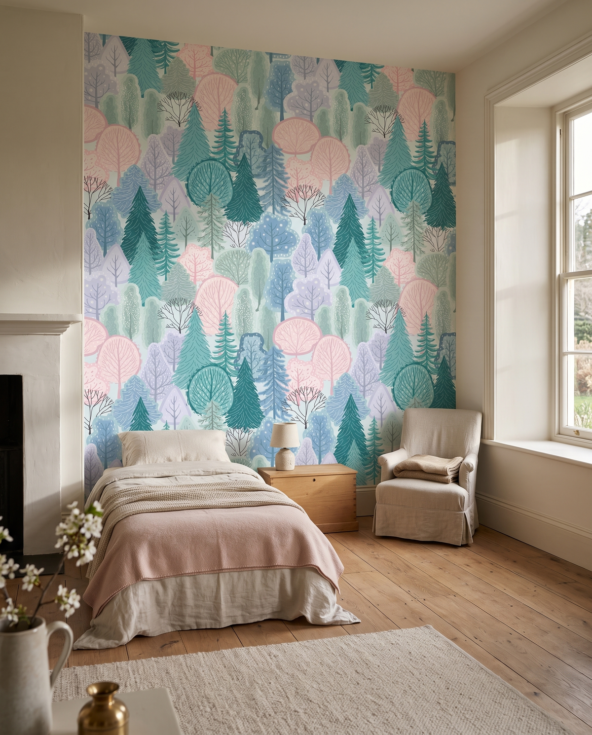 Clairière pastel, papier peint panoramique dans une chambre : visuel d'ambiance illustratif