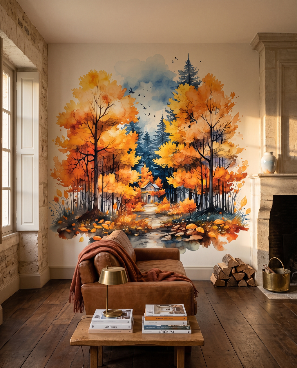Forêt de cuivre, papier peint panoramique dans un salon : visuel d'ambiance illustratif