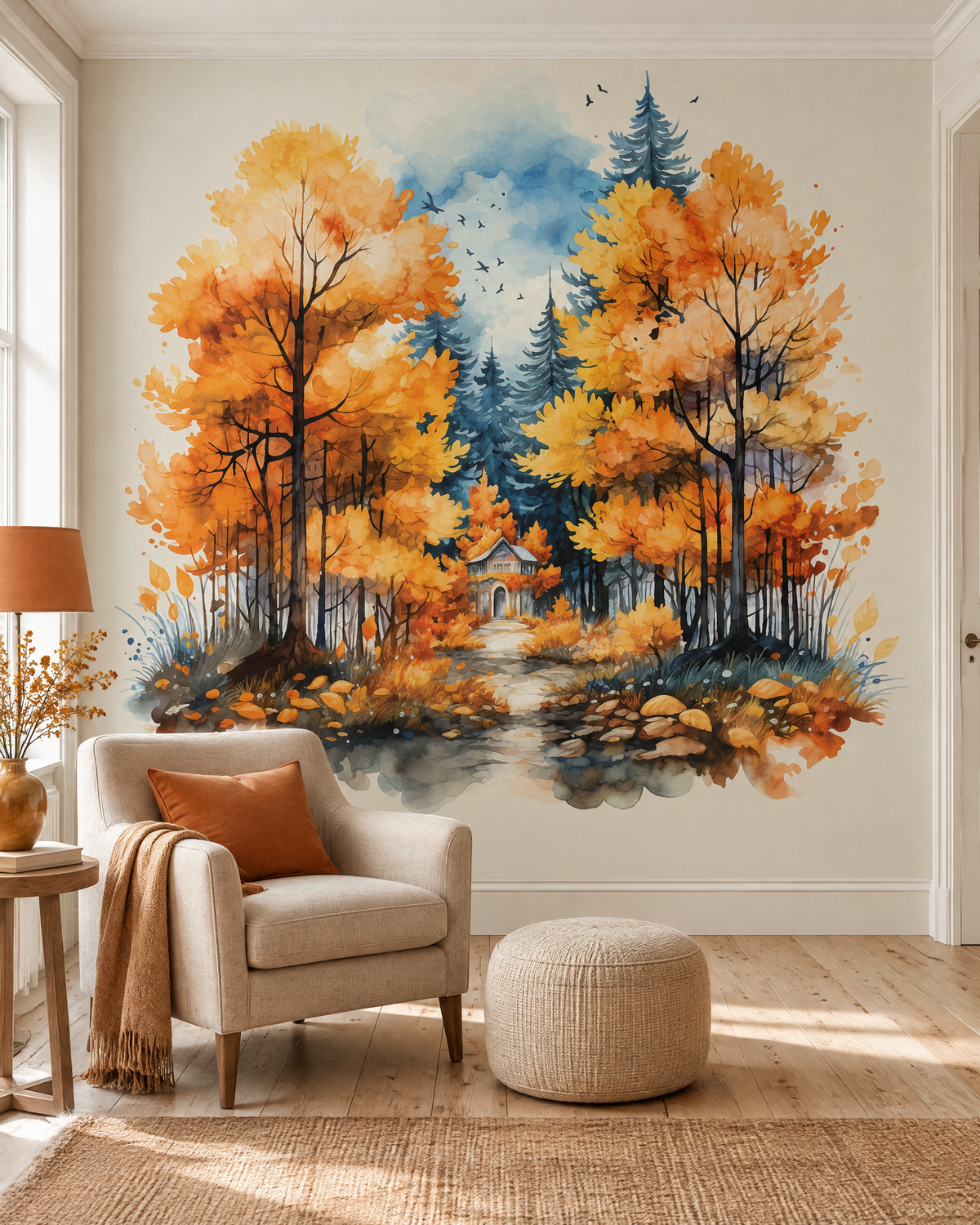Forêt de cuivre, papier peint panoramique dans un salon : visuel d'ambiance illustratif