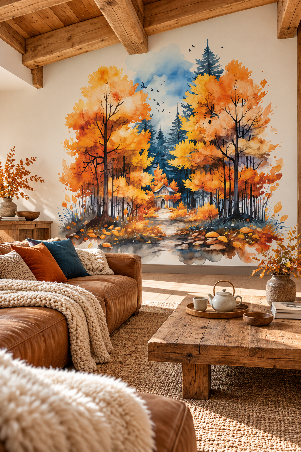 Forêt de cuivre, papier peint panoramique dans un salon : visuel d'ambiance illustratif