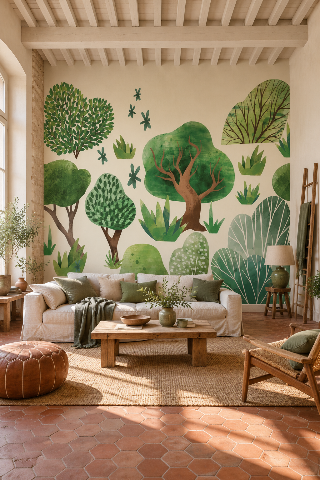 Forêt dense, papier peint panoramique dans un salon : visuel d'ambiance illustratif