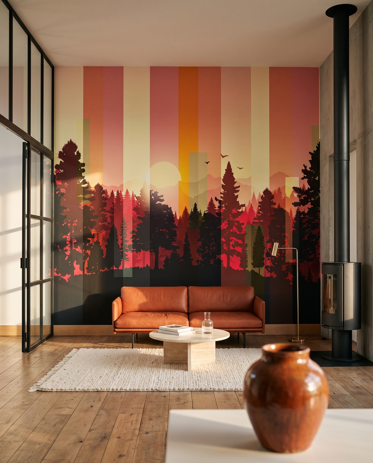 Forêt rayée au couchant, papier peint panoramique dans un salon : visuel d'ambiance illustratif