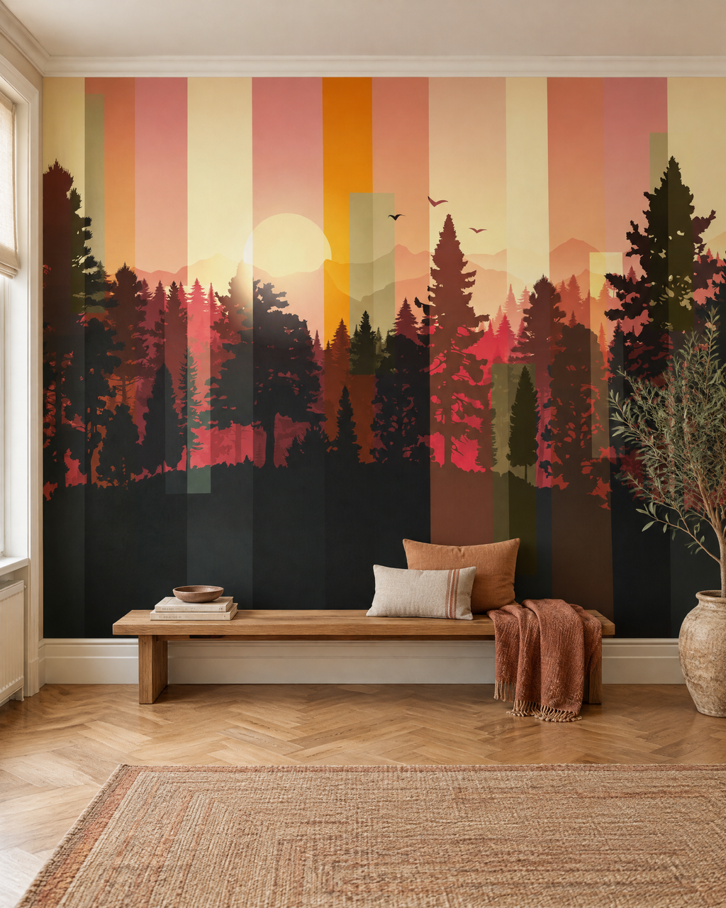 Forêt rayée au couchant, papier peint panoramique dans un salon : visuel d'ambiance illustratif