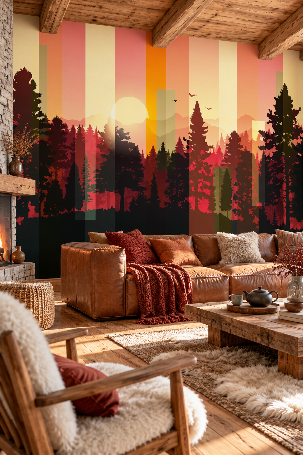 Forêt rayée au couchant, papier peint panoramique dans un salon : visuel d'ambiance illustratif