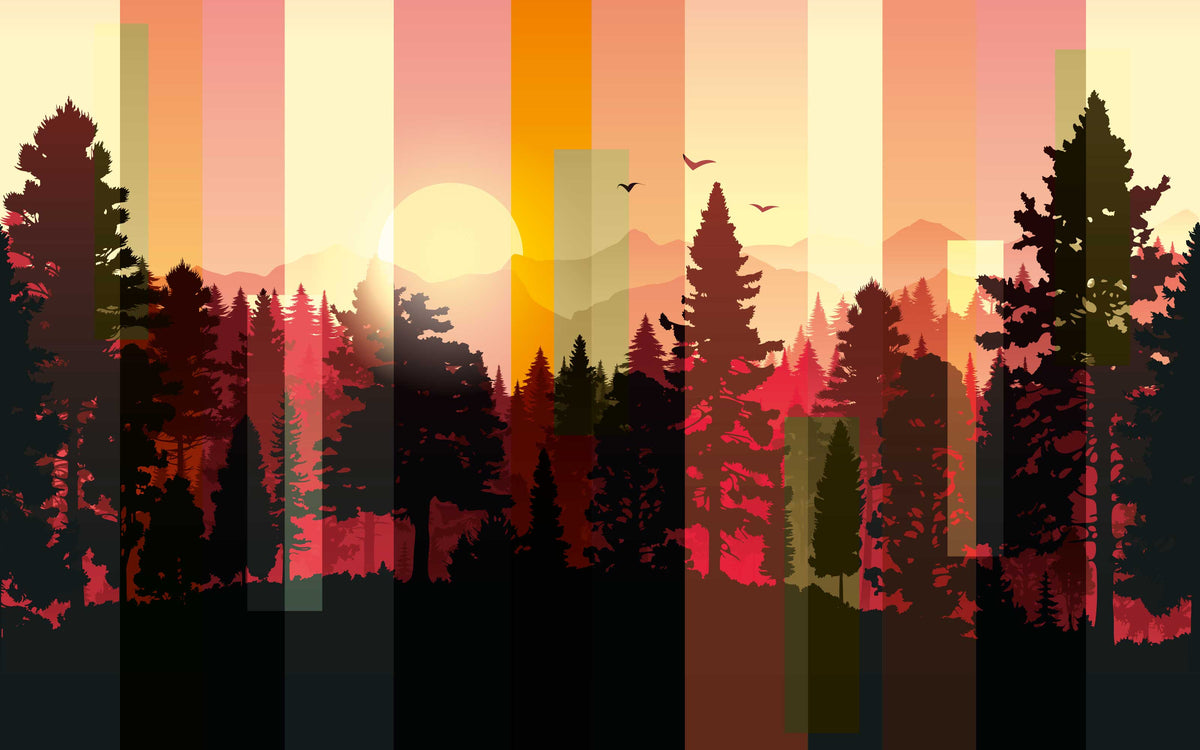 Papier peint panoramique Forêt rayée au couchant : le décor à plat