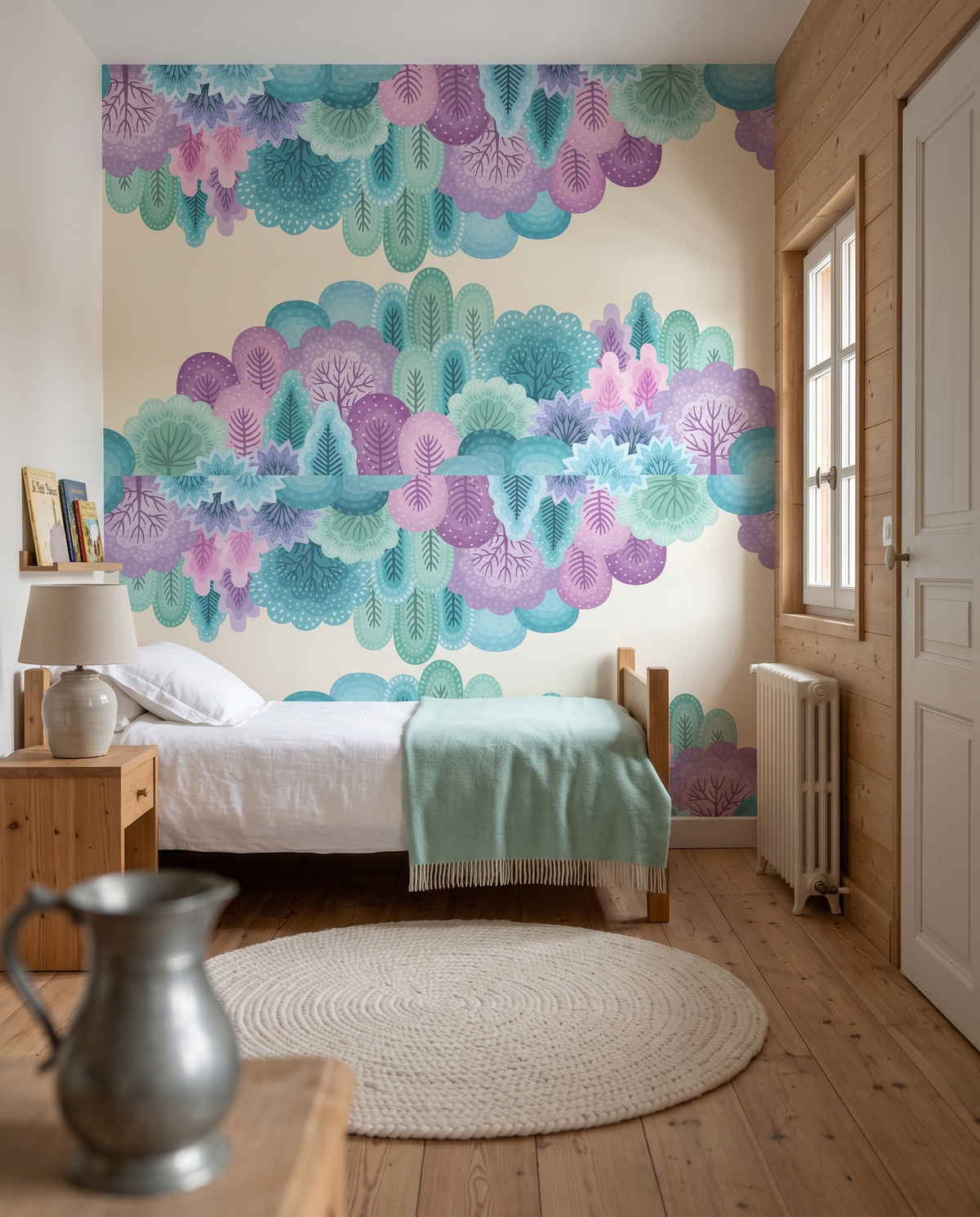 Vallons menthe, papier peint panoramique dans une chambre d'enfant : visuel d'ambiance illustratif