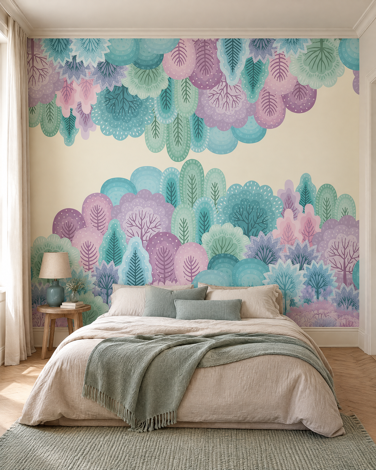 Vallons menthe, papier peint panoramique dans une chambre : visuel d'ambiance illustratif