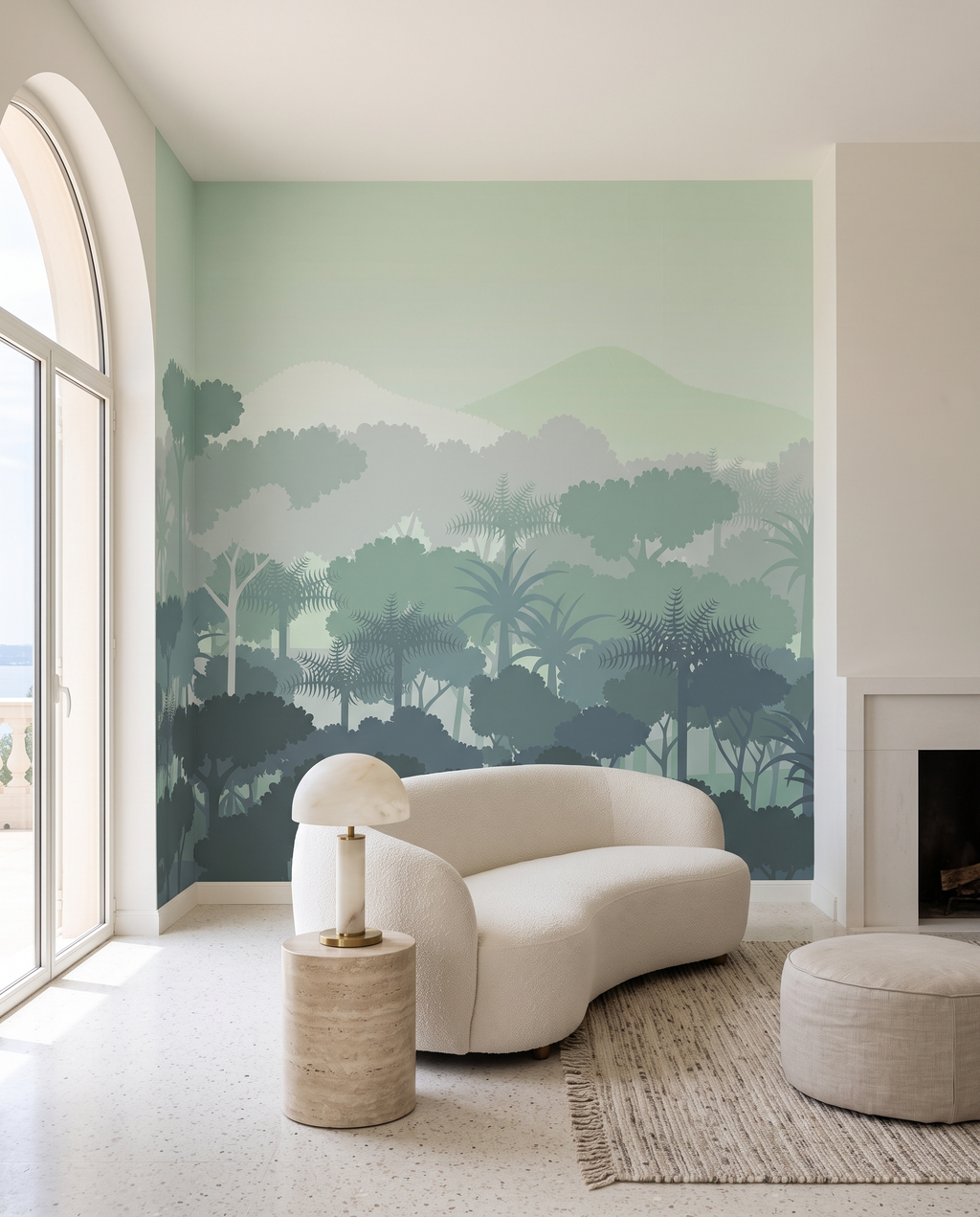 Verdure tropicale, papier peint panoramique dans un salon : visuel d'ambiance illustratif