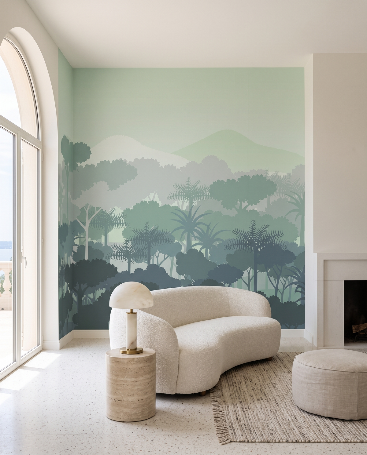Verdure tropicale, papier peint panoramique dans un salon : visuel d'ambiance illustratif