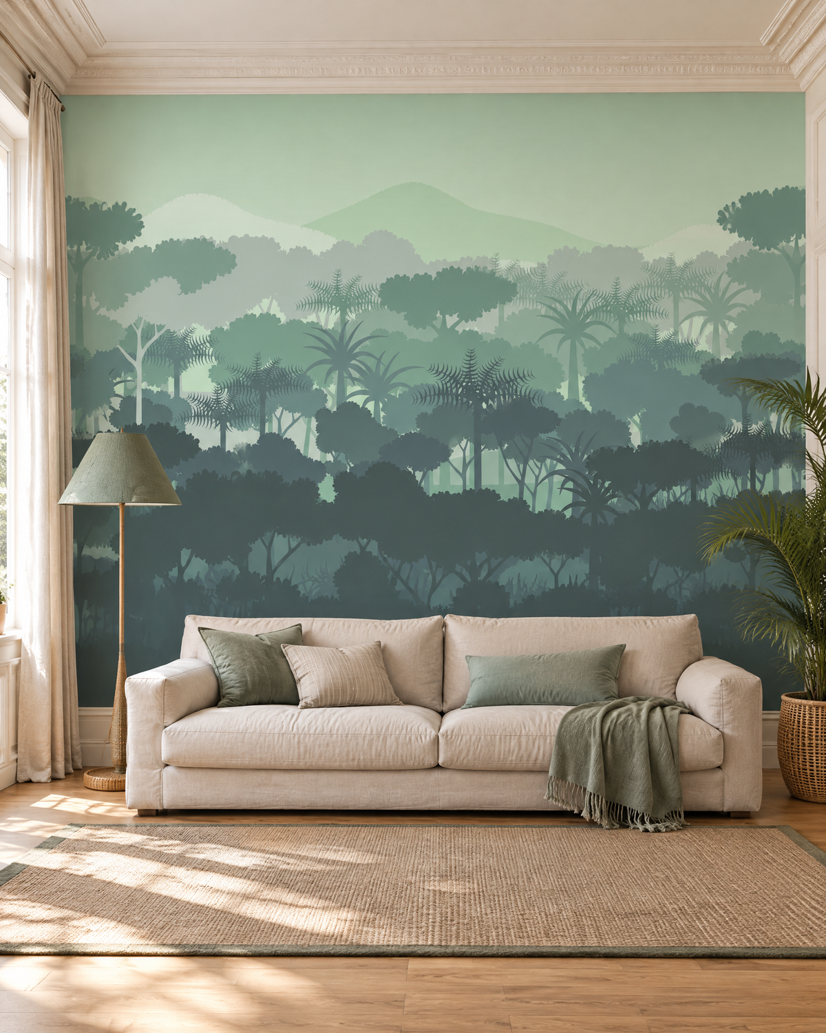 Verdure tropicale, papier peint panoramique dans un salon : visuel d'ambiance illustratif