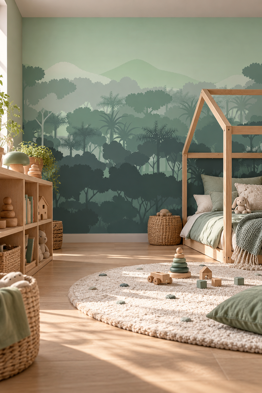 Verdure tropicale, papier peint panoramique dans une chambre d'enfant : visuel d'ambiance illustratif