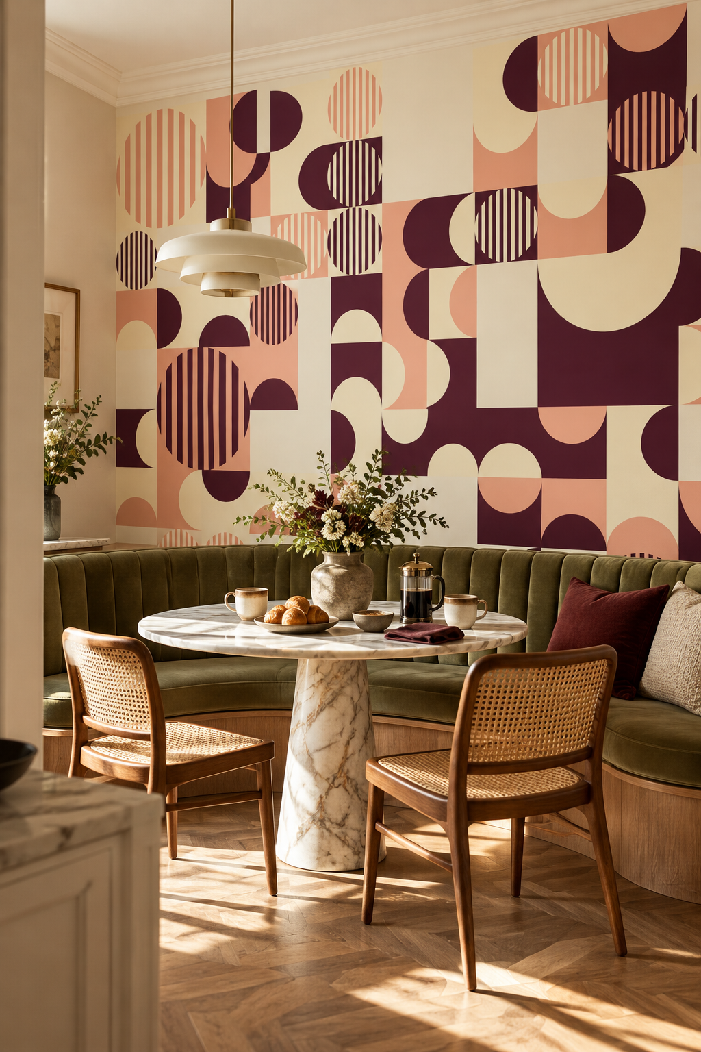 Formes bauhaus, papier peint panoramique dans une salle à manger : visuel d'ambiance illustratif
