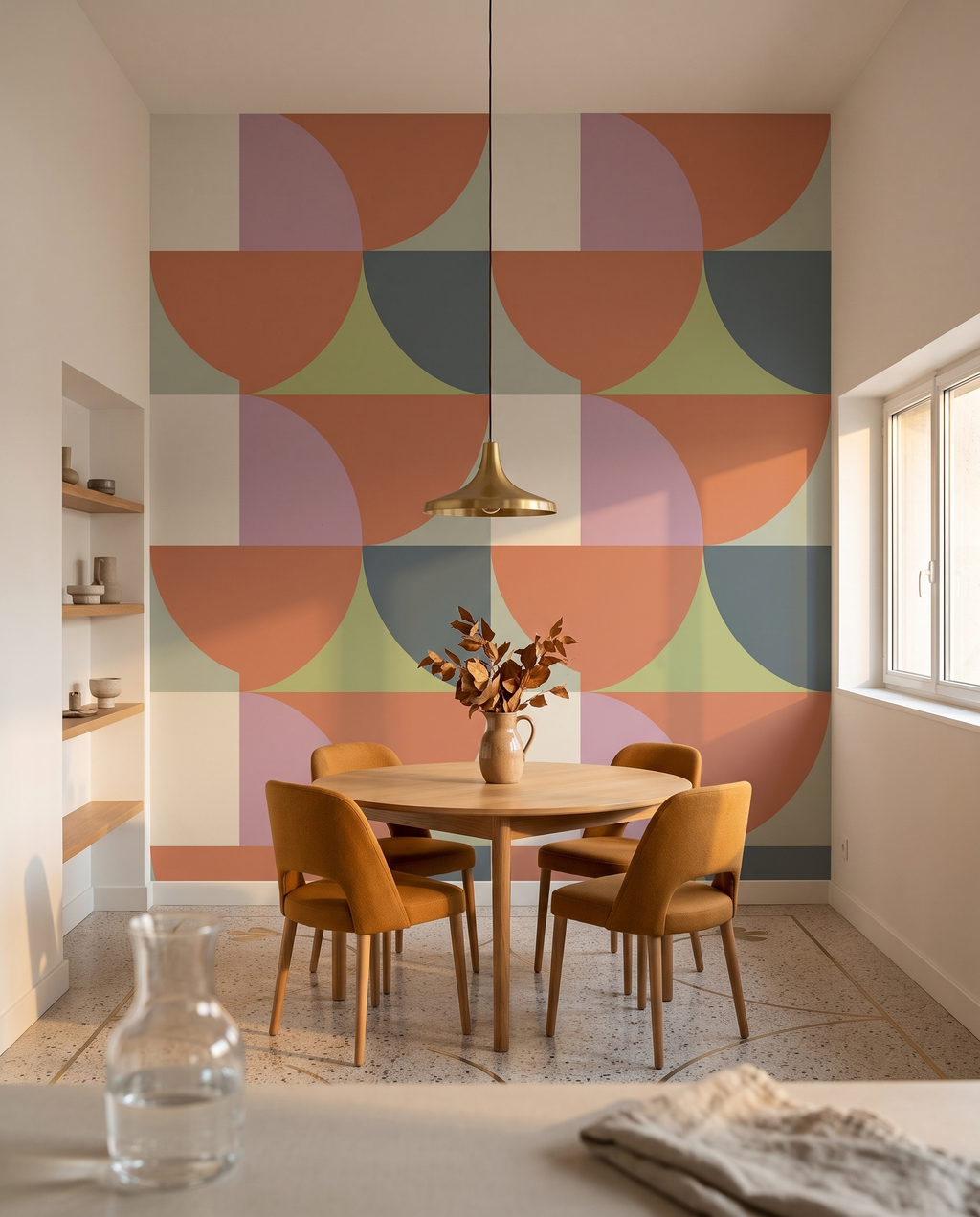 Formes olive et terracotta, papier peint panoramique dans une salle à manger : visuel d'ambiance illustratif