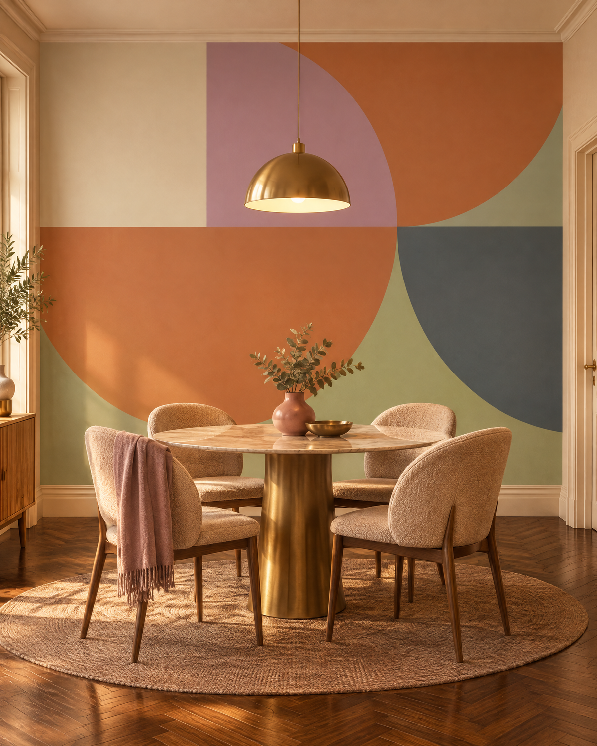 Formes olive et terracotta, papier peint panoramique dans une salle à manger : visuel d'ambiance illustratif