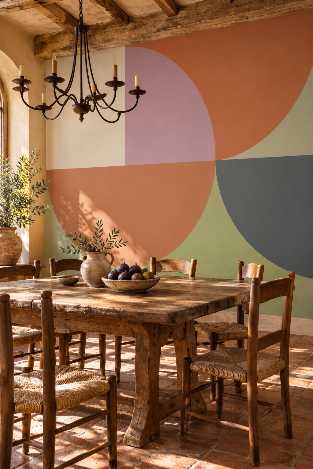 Formes olive et terracotta, papier peint panoramique dans une salle à manger : visuel d'ambiance illustratif
