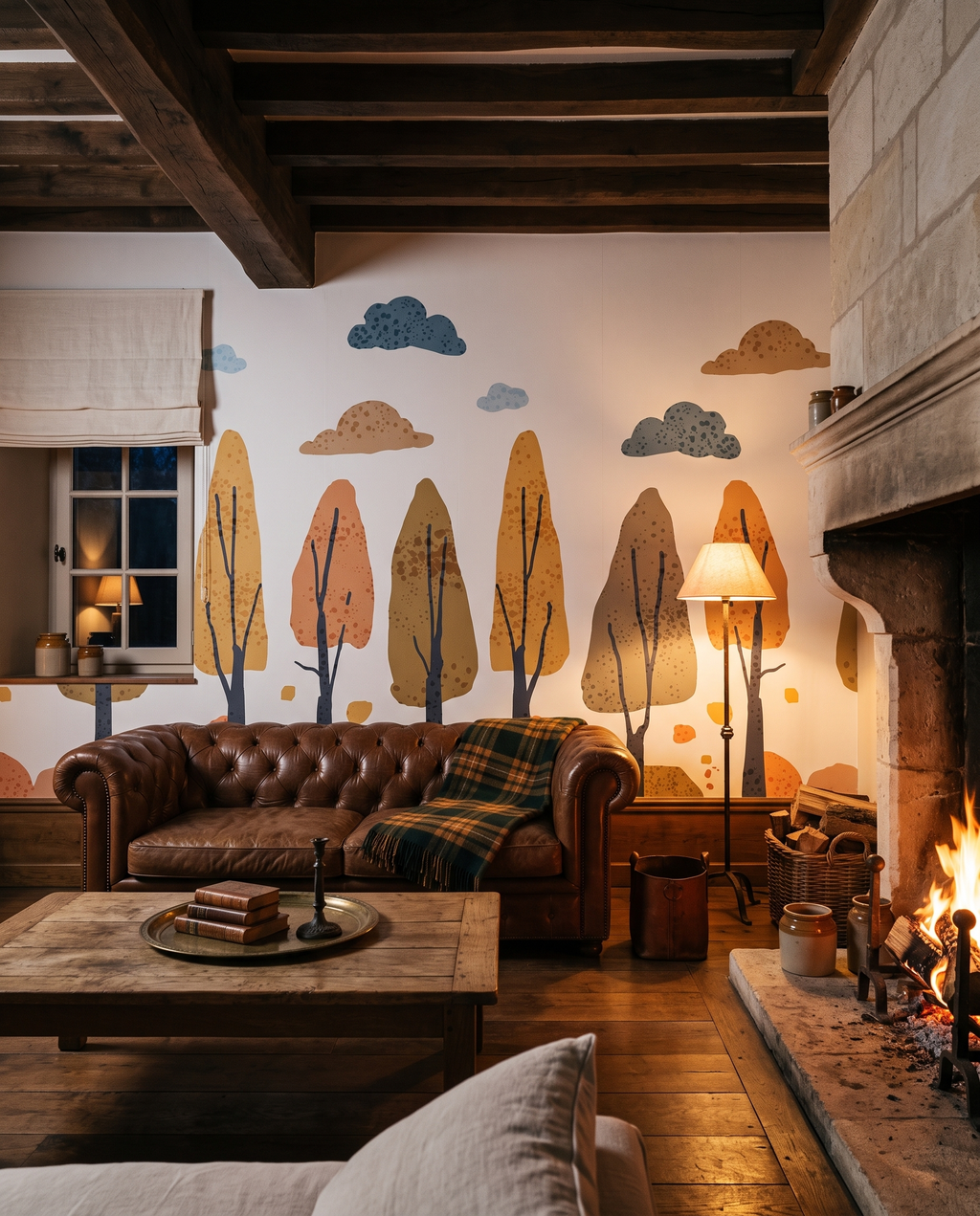 Futaie d'automne, papier peint panoramique dans un salon : visuel d'ambiance illustratif