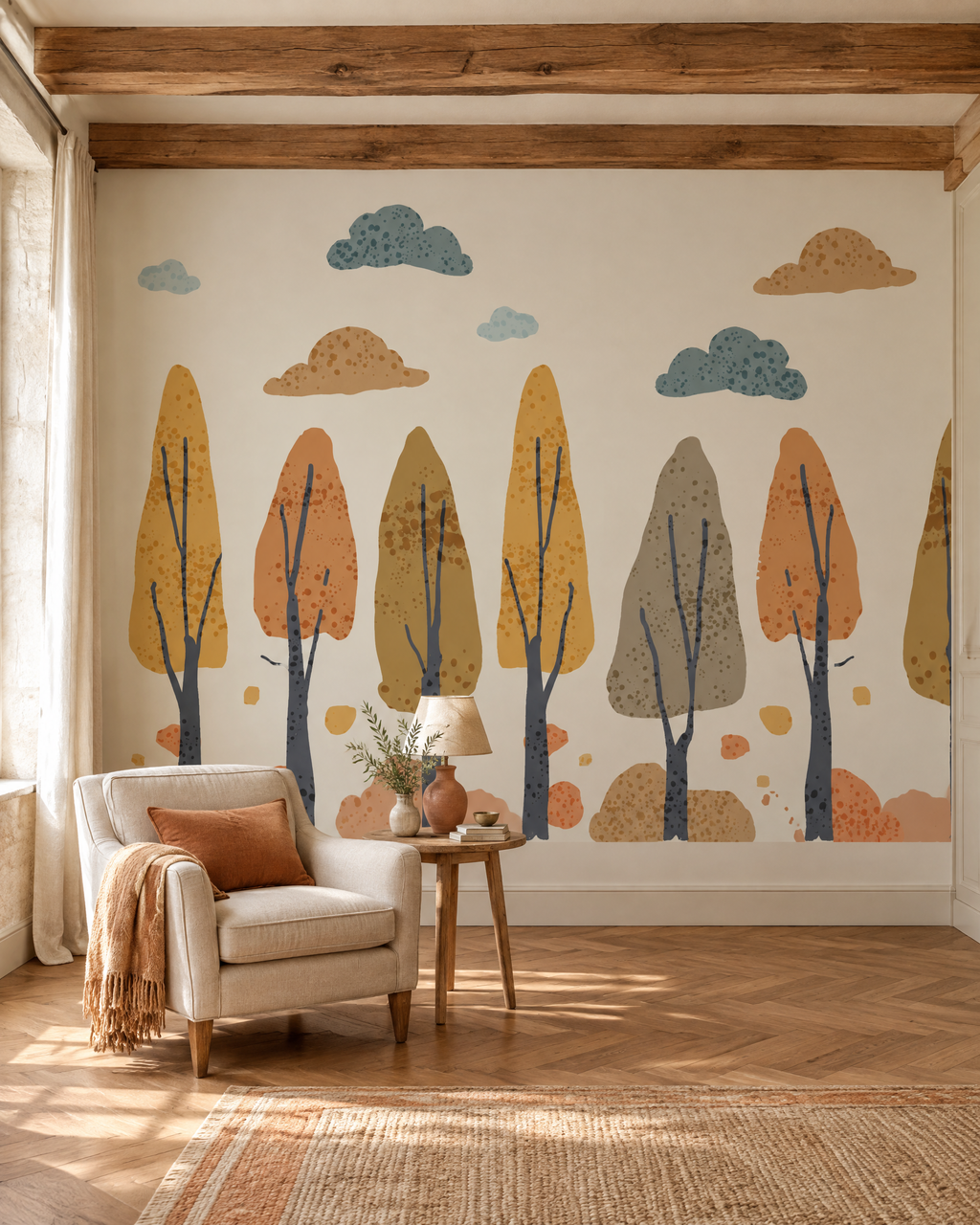 Futaie d'automne, papier peint panoramique dans un salon : visuel d'ambiance illustratif