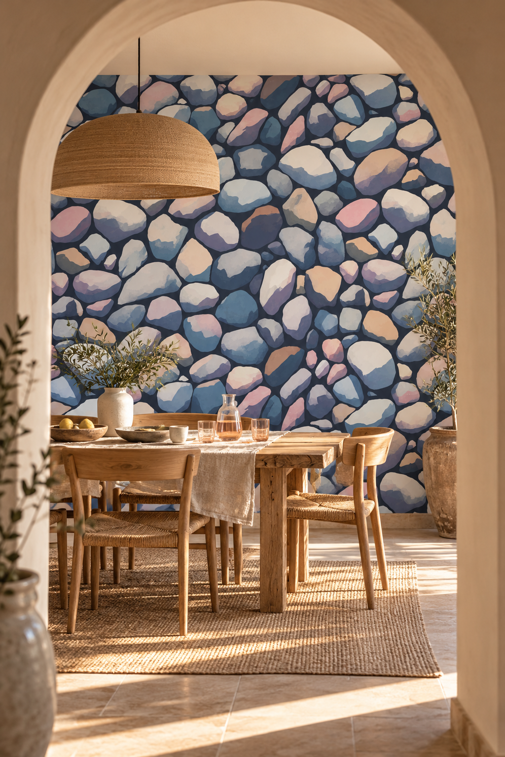 Galets de rivière, papier peint panoramique dans une salle à manger : visuel d'ambiance illustratif
