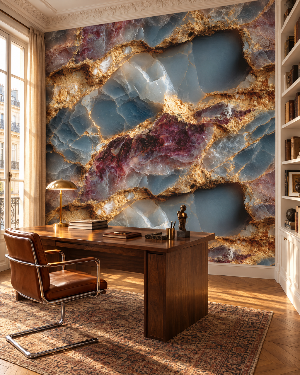 Géode bleue et or, papier peint panoramique dans un bureau : visuel d'ambiance illustratif